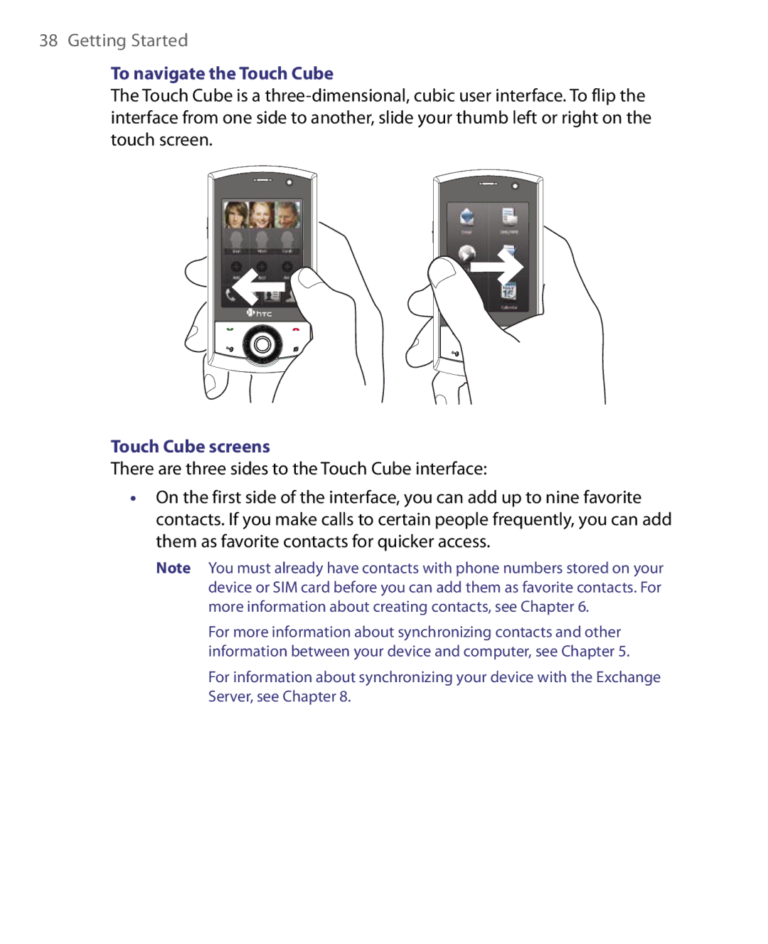 HTC HS S168, S200 To navigate the Touch Cube, Touch Cube screens, There are three sides to the Touch Cube interface 