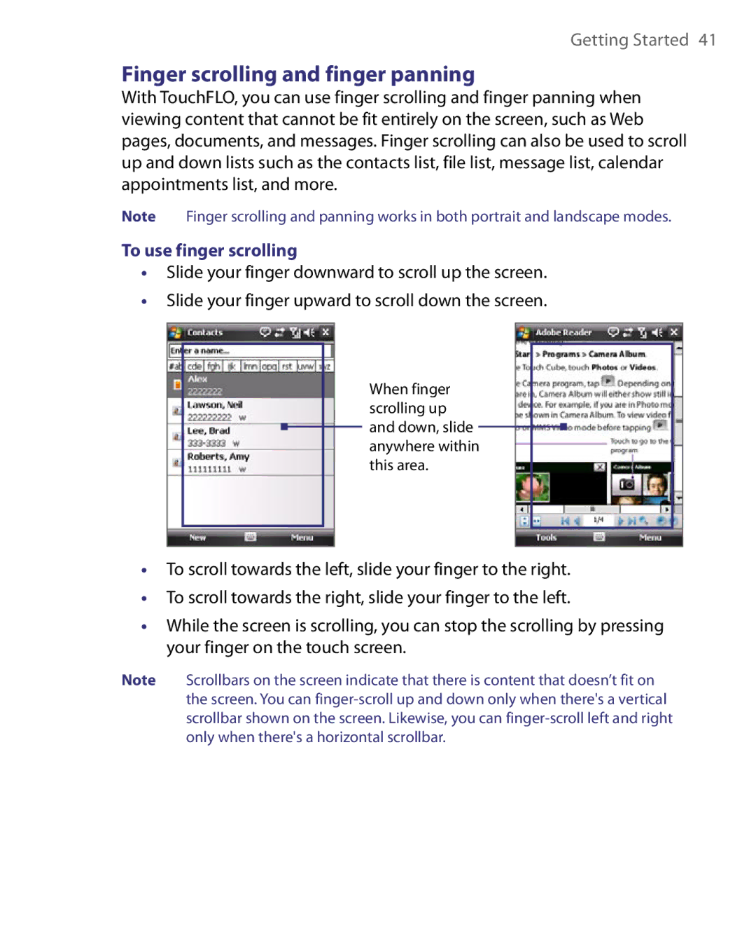 HTC HS S168, S200, POLA160 user manual Finger scrolling and finger panning, To use finger scrolling 