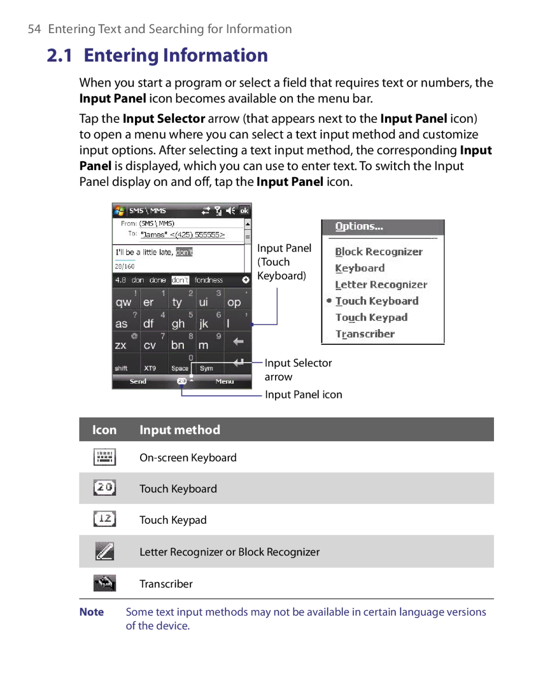 HTC S200, POLA160, HS S168 user manual Entering Information, Icon Input method 