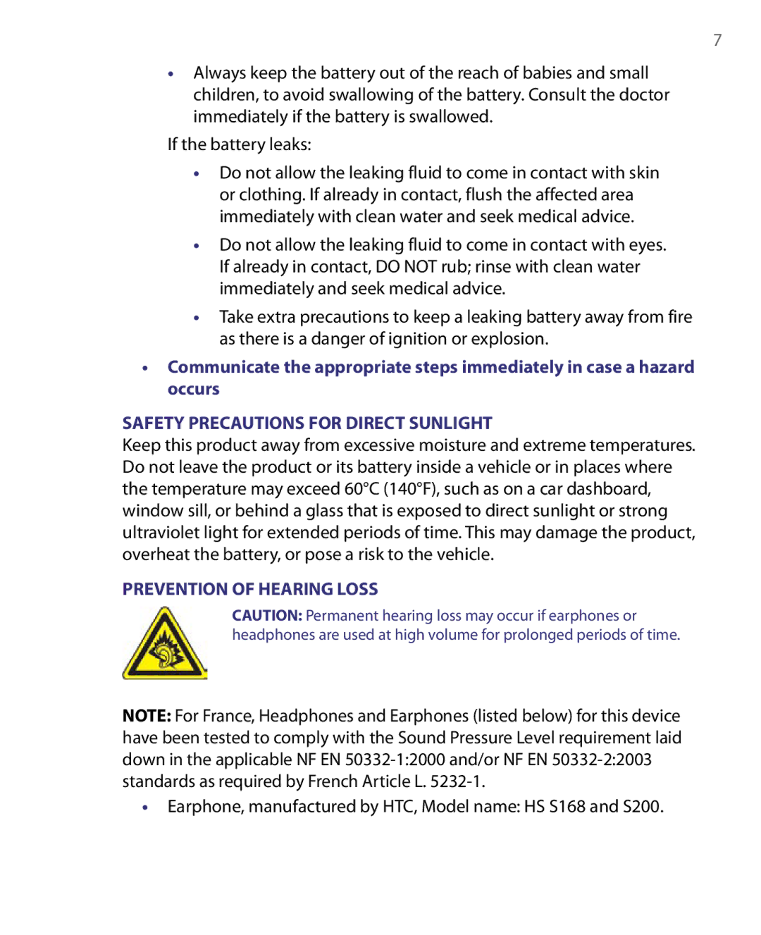 HTC POLA160 user manual Safety Precautions for Direct Sunlight, Earphone, manufactured by HTC, Model name HS S168 and S200 