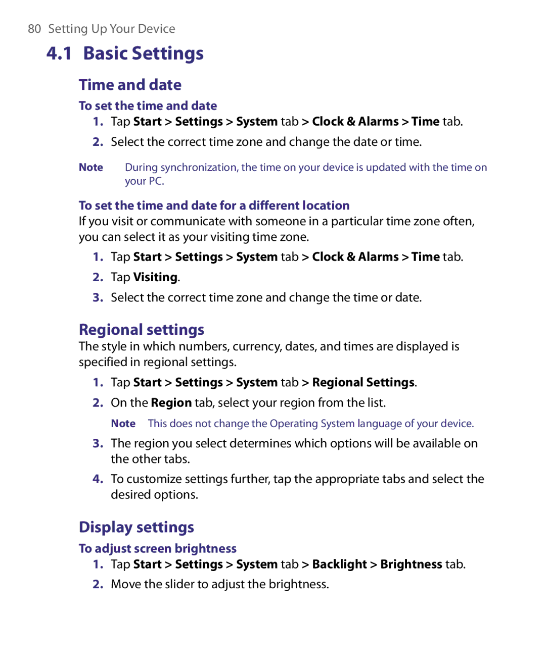 HTC HS S168, S200, POLA160 user manual Basic Settings, Time and date, Regional settings, Display settings 