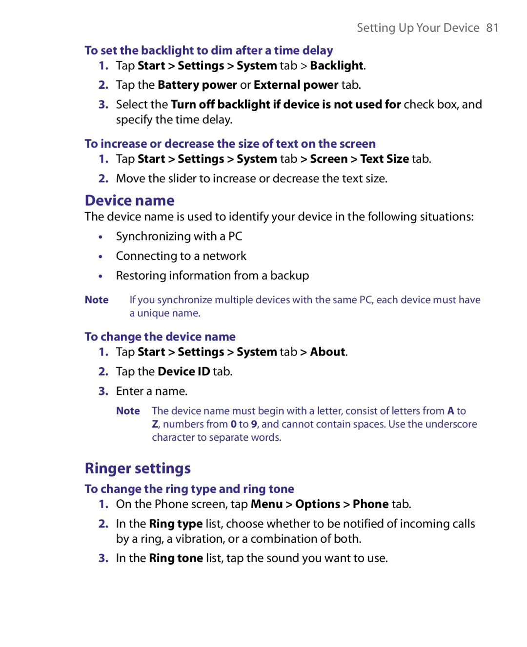 HTC S200, POLA160, HS S168 user manual Device name, Ringer settings 