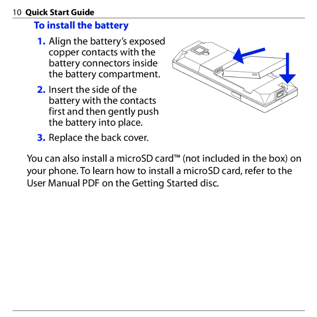 HTC S740 quick start To install the battery, Align the battery’s exposed 