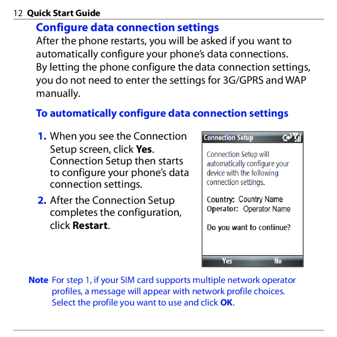 HTC S740 quick start Configure data connection settings, To automatically configure data connection settings 