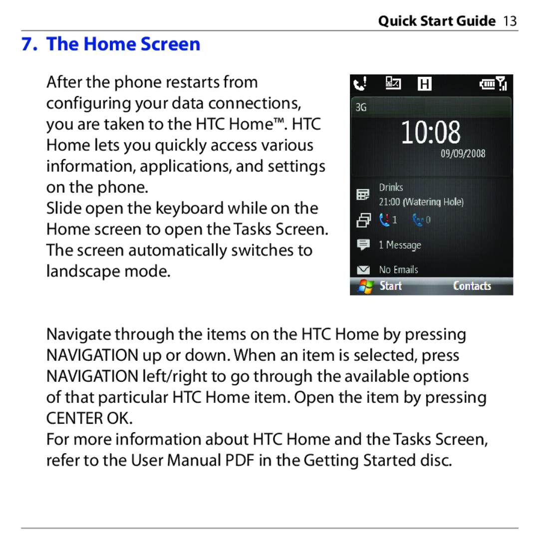 HTC S740 quick start Home Screen 