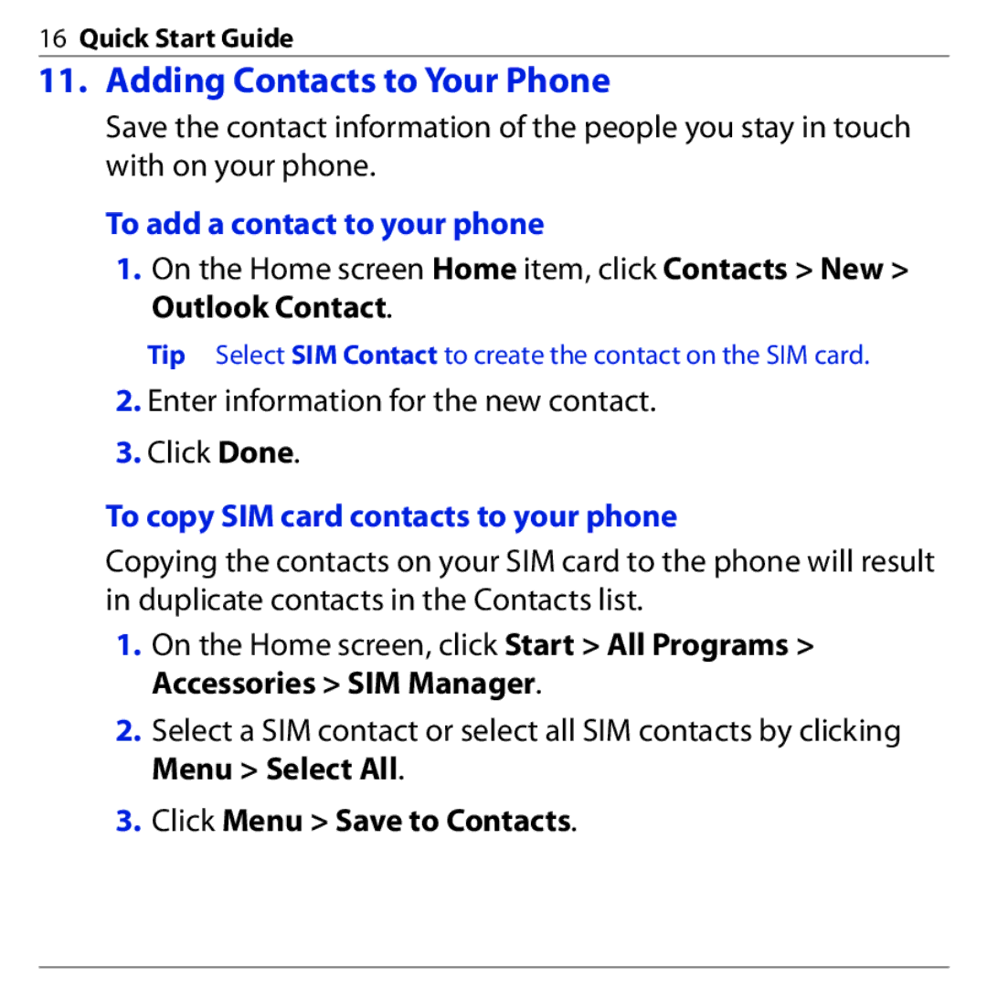 HTC S740 quick start Adding Contacts to Your Phone, To add a contact to your phone, To copy SIM card contacts to your phone 