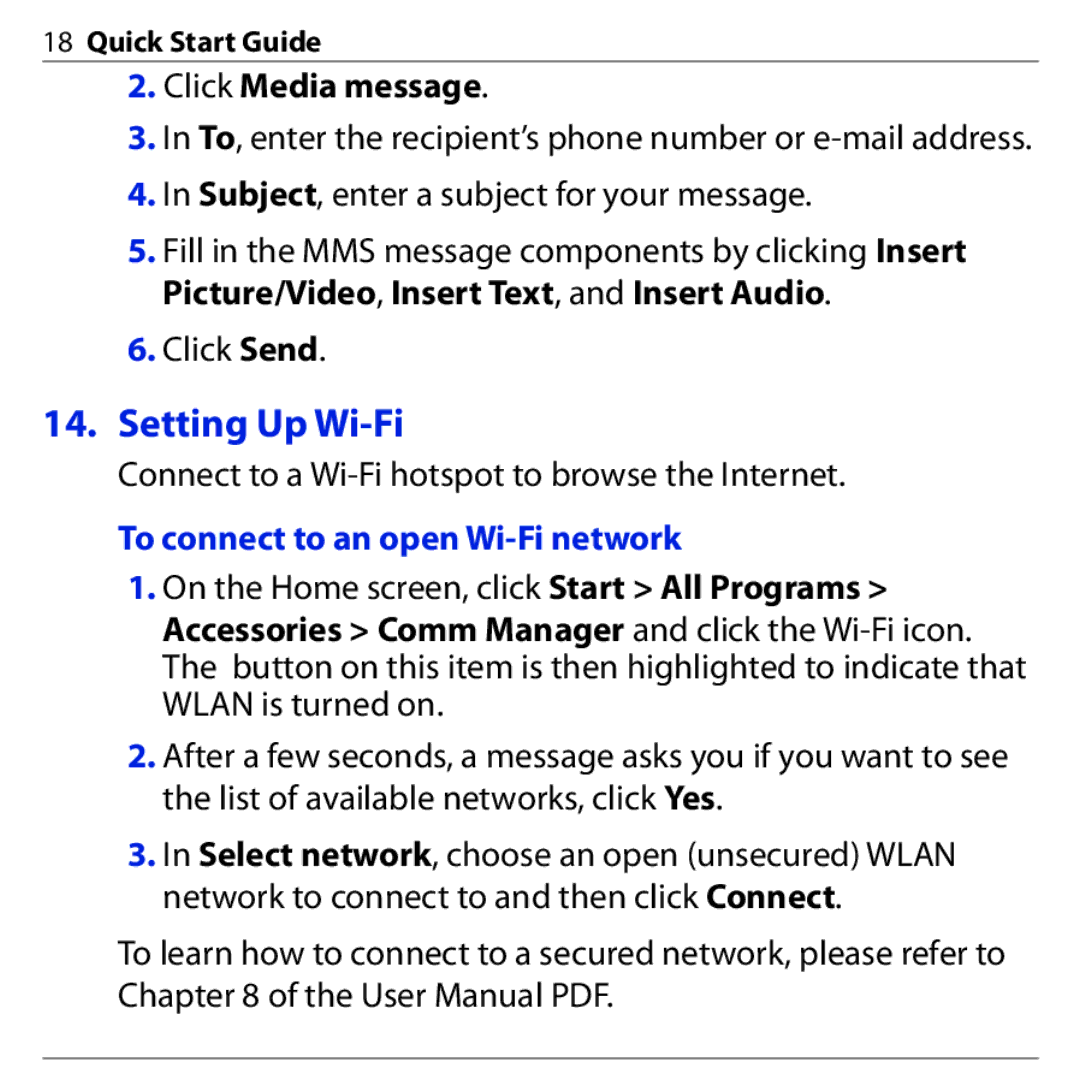 HTC S740 quick start Setting Up Wi-Fi, To connect to an open Wi-Fi network 