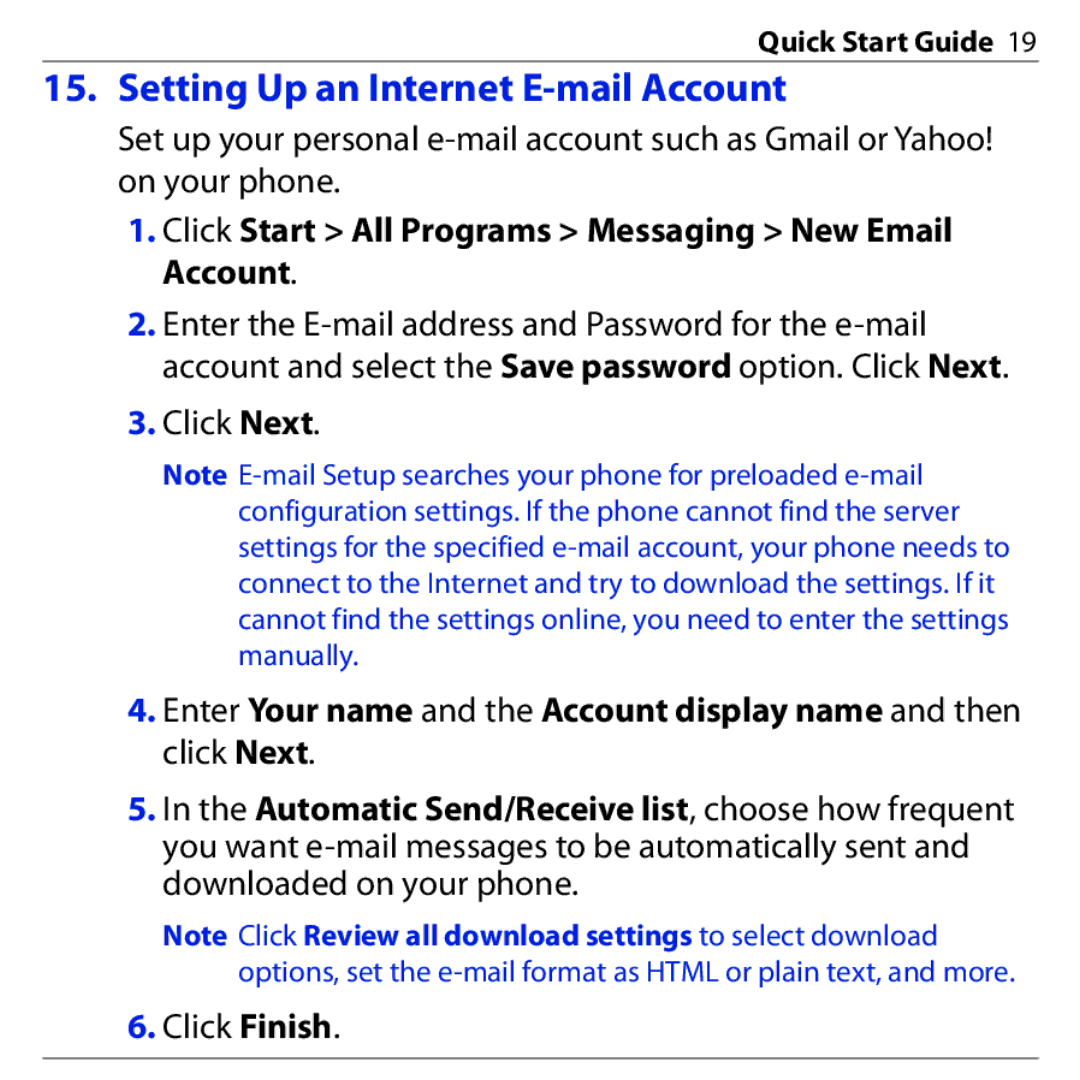 HTC S740 quick start Setting Up an Internet E-mail Account, Click Start All Programs Messaging New Email Account 