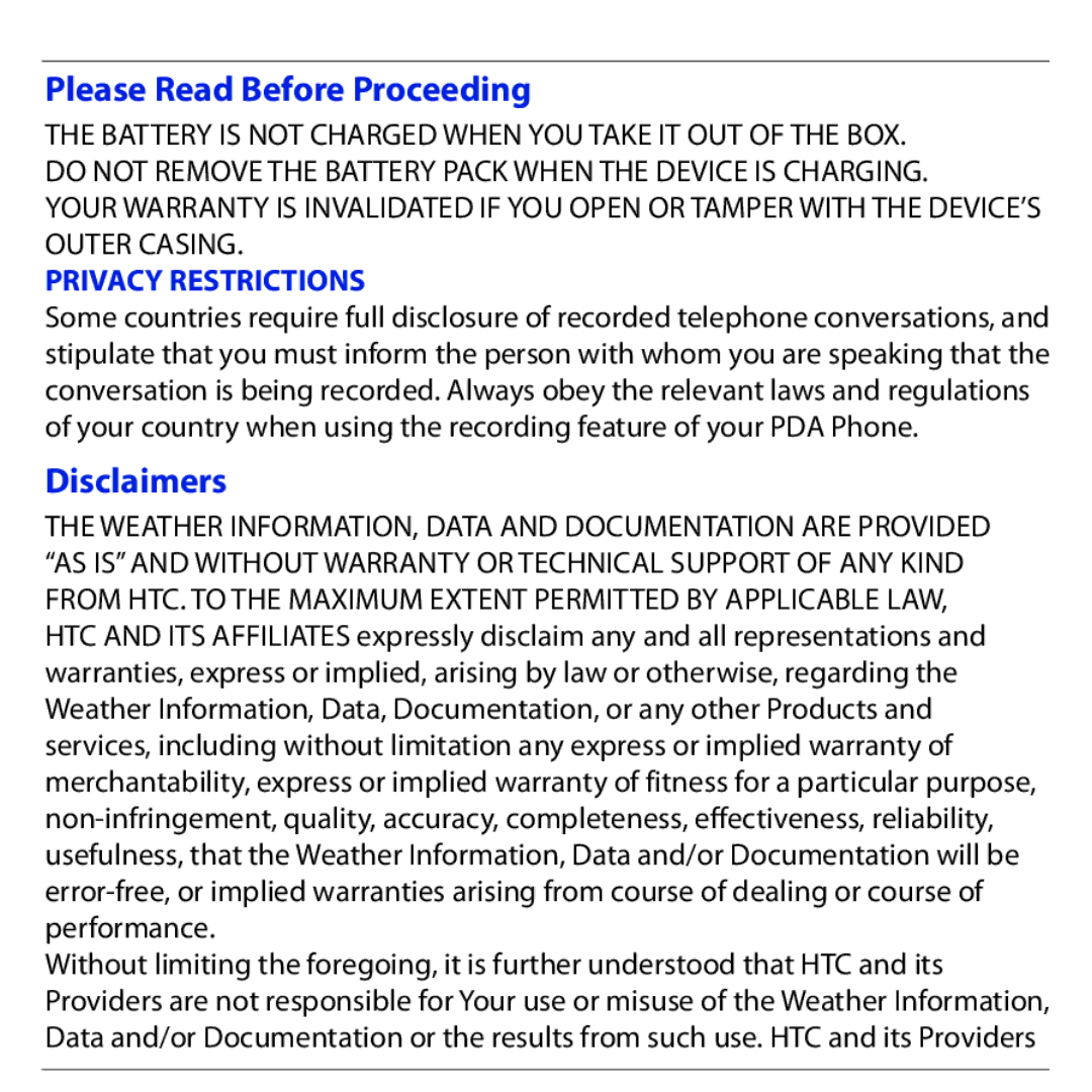 HTC S740 quick start Please Read Before Proceeding, Disclaimers, Privacy Restrictions 