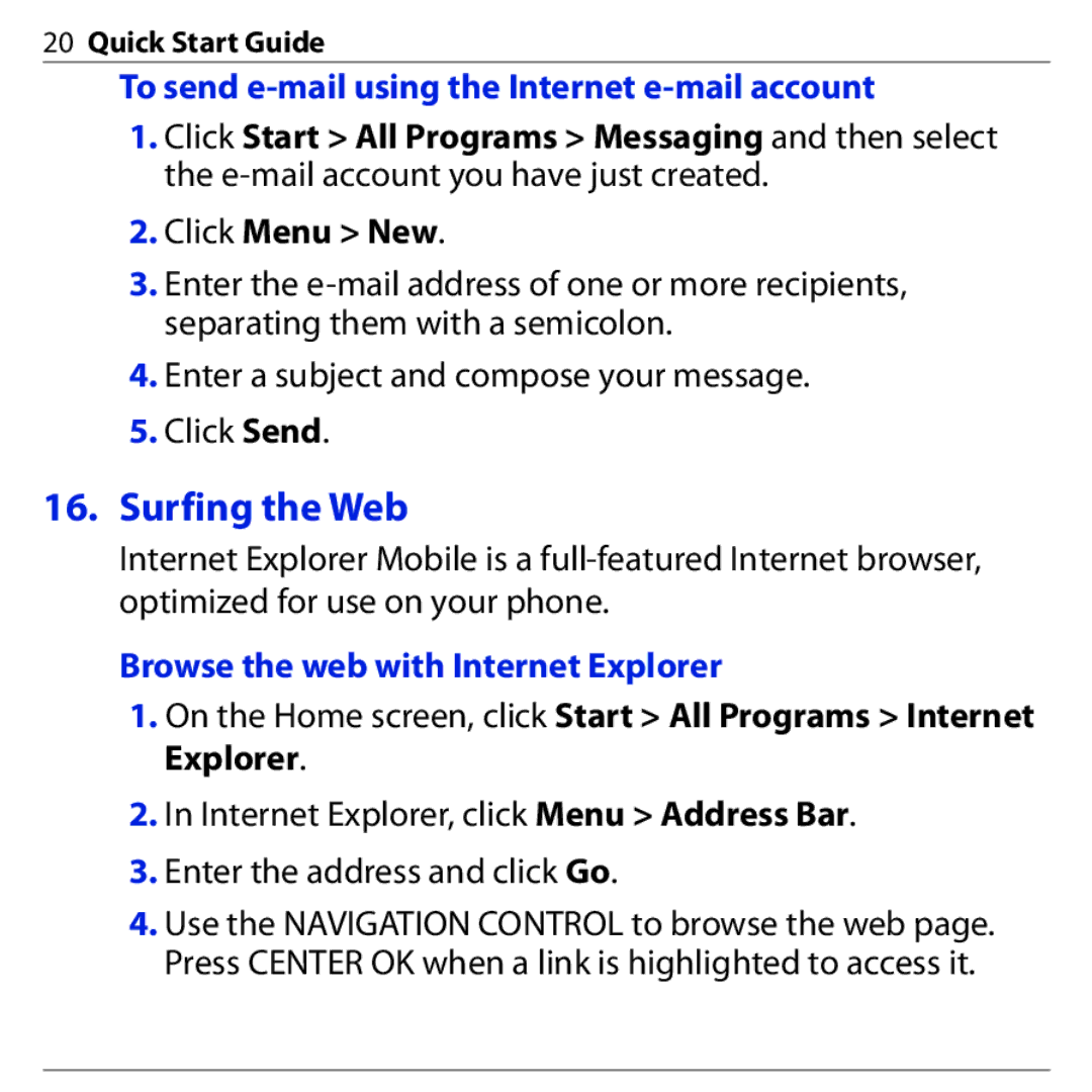 HTC S740 Surfing the Web, To send e-mail using the Internet e-mail account, Browse the web with Internet Explorer 