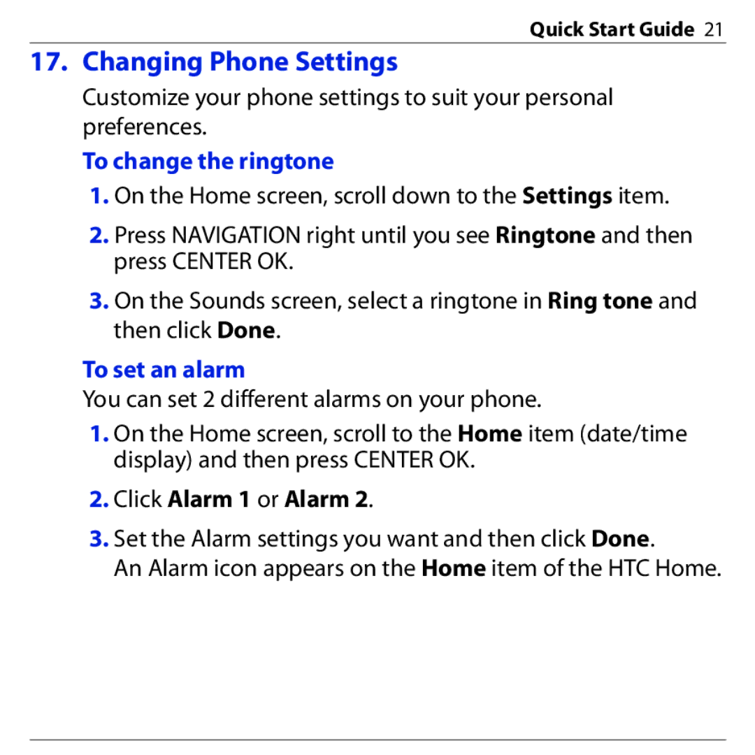 HTC S740 quick start Changing Phone Settings, To change the ringtone, To set an alarm 