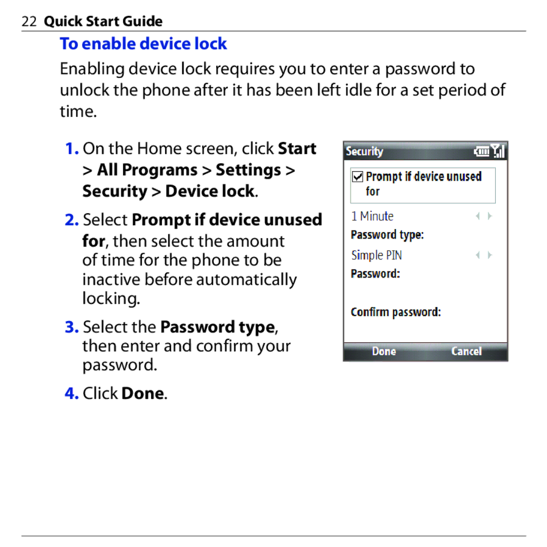 HTC S740 quick start To enable device lock, Select Prompt if device unused 