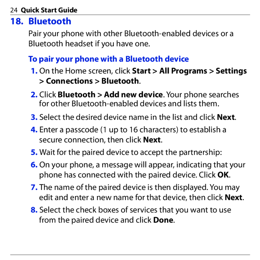 HTC S740 quick start To pair your phone with a Bluetooth device 