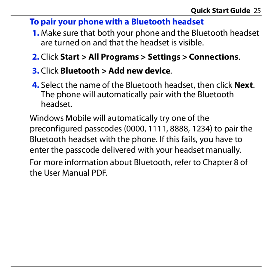 HTC S740 quick start To pair your phone with a Bluetooth headset 