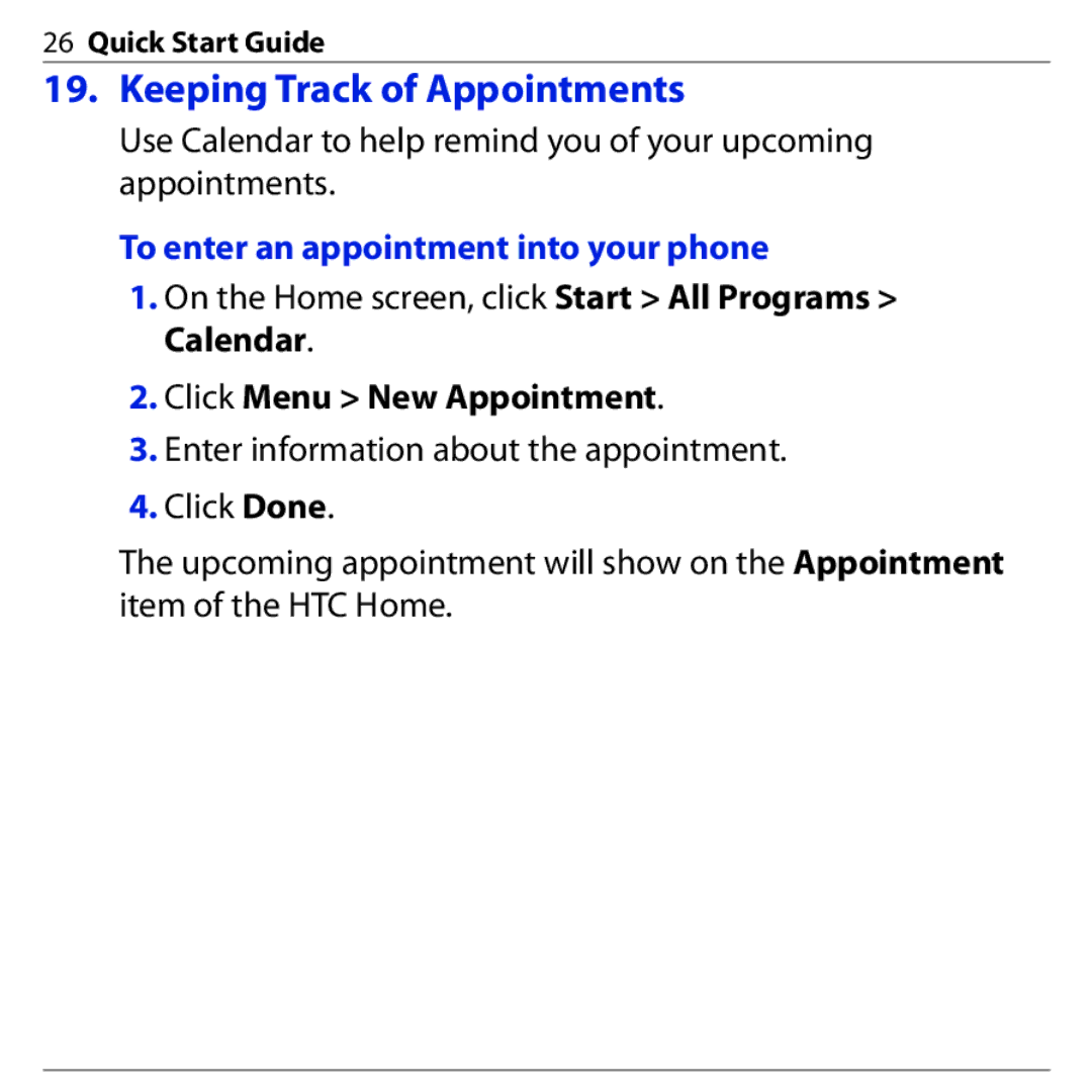 HTC S740 quick start Keeping Track of Appointments, To enter an appointment into your phone 