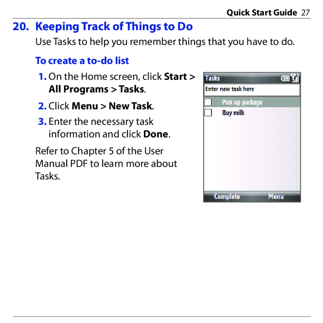 HTC S740 quick start Keeping Track of Things to Do, To create a to-do list 