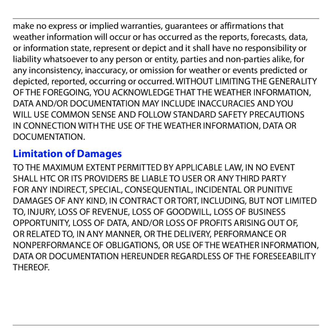 HTC S740 quick start Limitation of Damages 