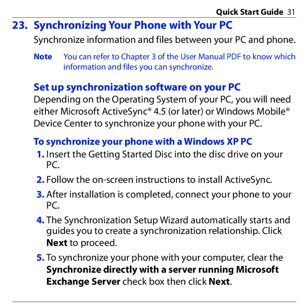 HTC S740 quick start Synchronizing Your Phone with Your PC, To synchronize your phone with a Windows XP PC 