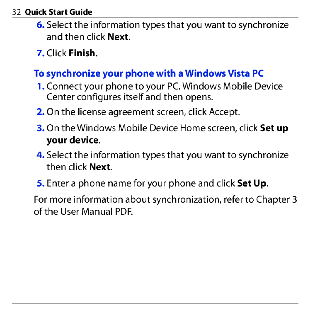 HTC S740 quick start To synchronize your phone with a Windows Vista PC 