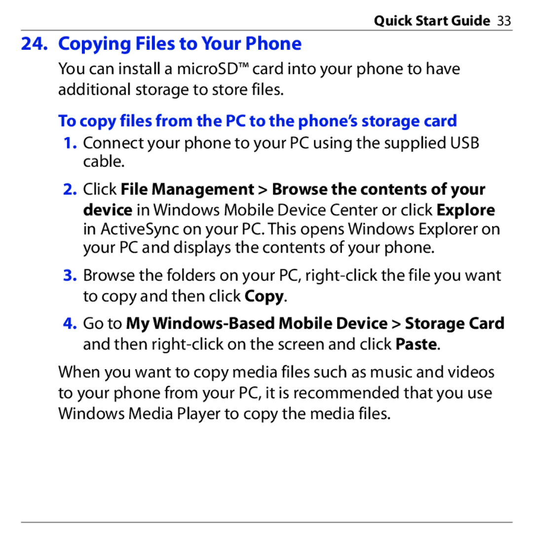 HTC S740 quick start Copying Files to Your Phone, To copy files from the PC to the phone’s storage card 