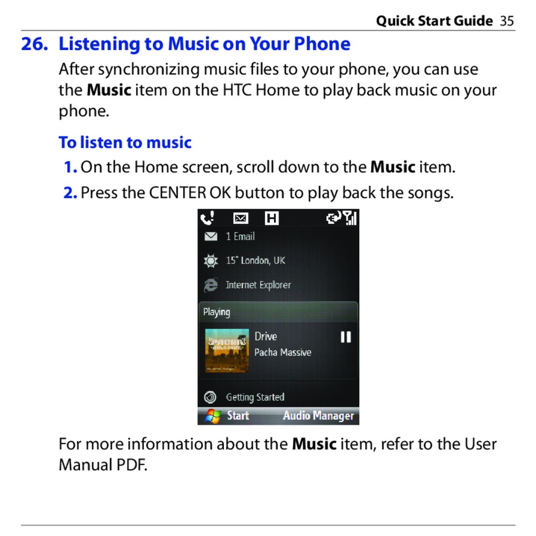 HTC S740 quick start Listening to Music on Your Phone, To listen to music 