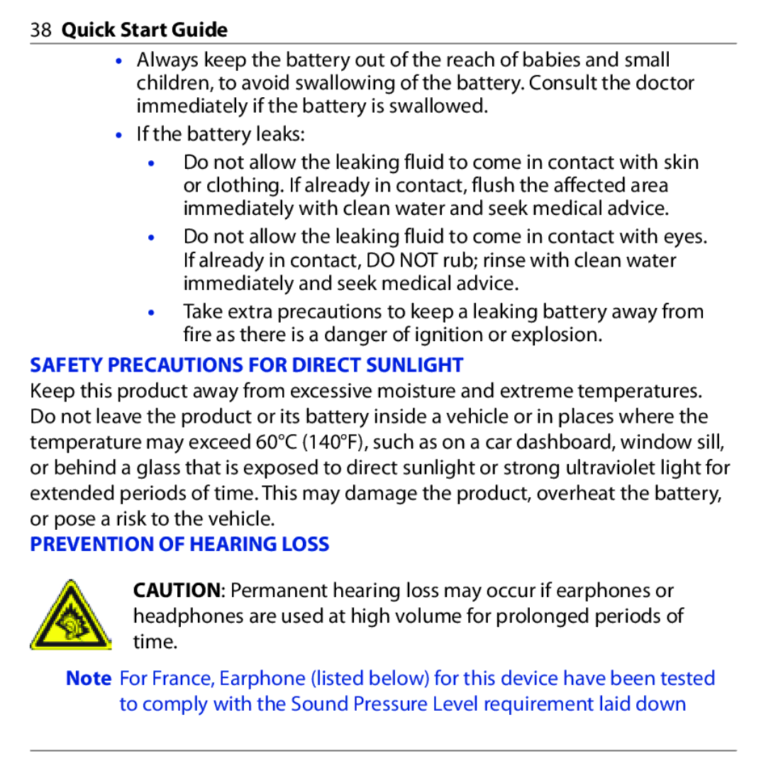 HTC S740 quick start Safety Precautions for Direct Sunlight, Prevention of Hearing Loss 