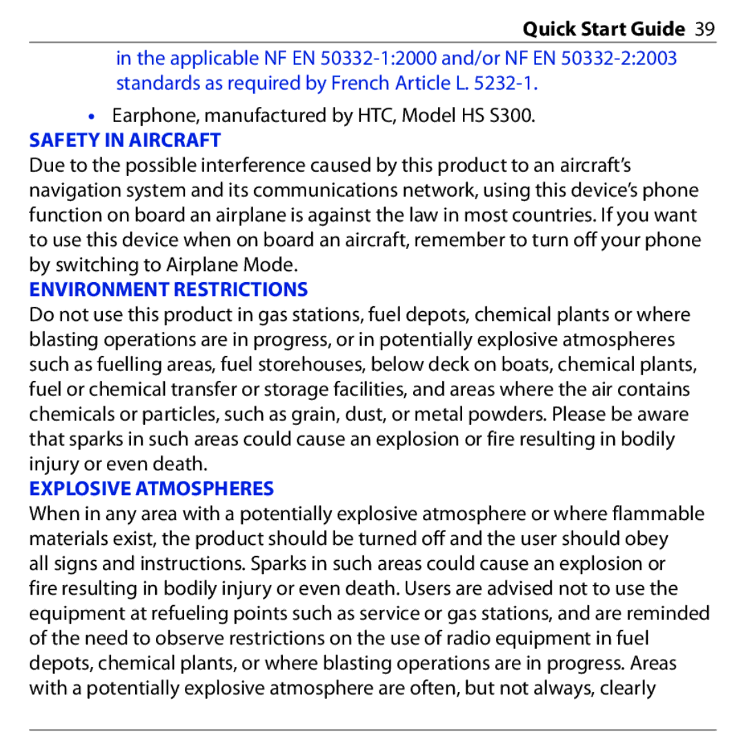 HTC S740 quick start Safety in Aircraft, Environment Restrictions, Explosive Atmospheres 