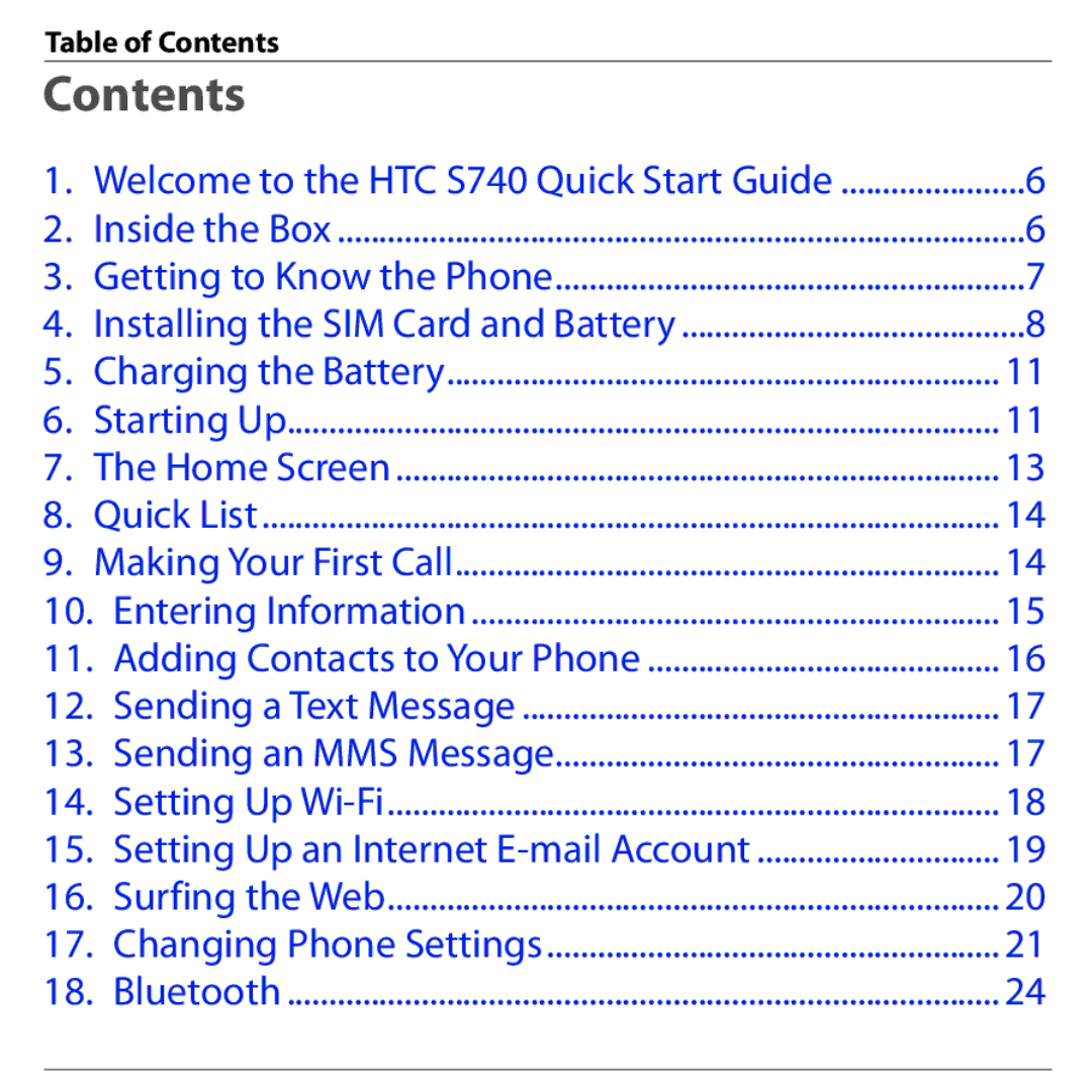 HTC S740 quick start Contents 