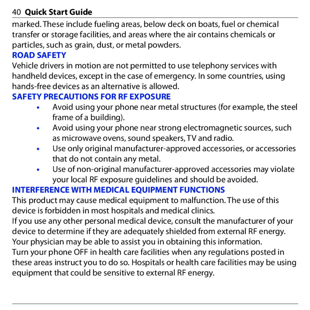 HTC S740 quick start Road Safety, Safety Precautions for RF Exposure, Interference with Medical Equipment Functions 