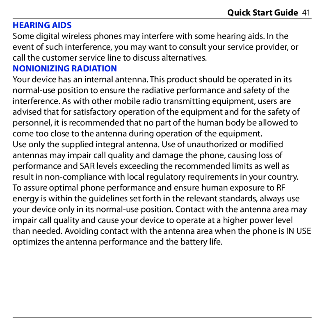 HTC S740 quick start Hearing Aids, Nonionizing Radiation 