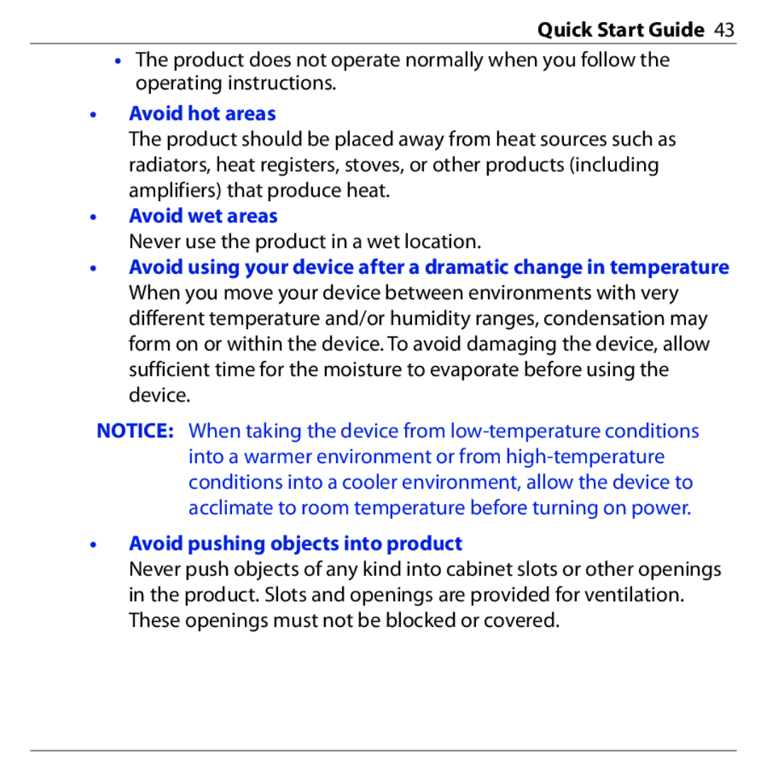 HTC S740 quick start Avoid hot areas, Avoid wet areas 