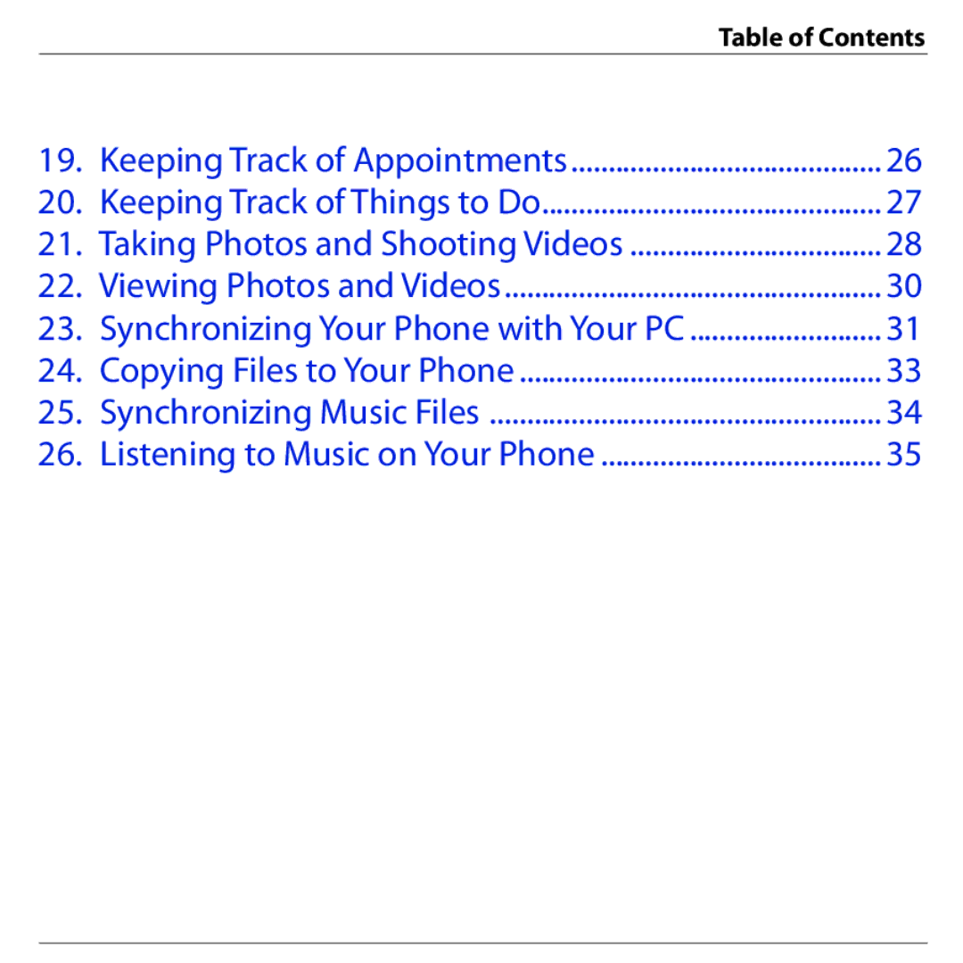 HTC S740 quick start Table of Contents 