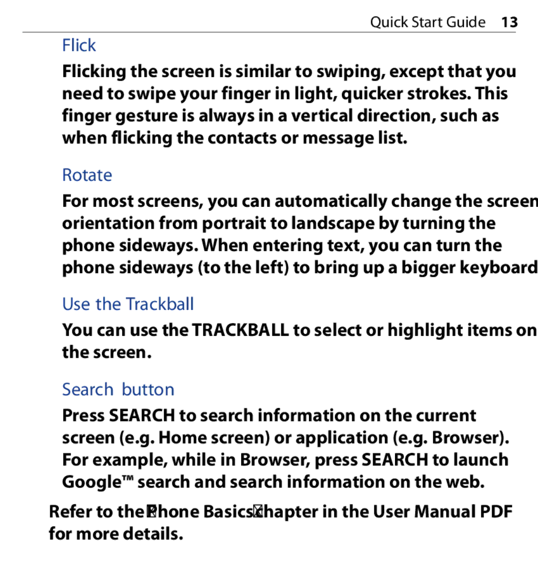 HTC SAPP100 quick start Flick, Rotate, Use the Trackball, Search button 