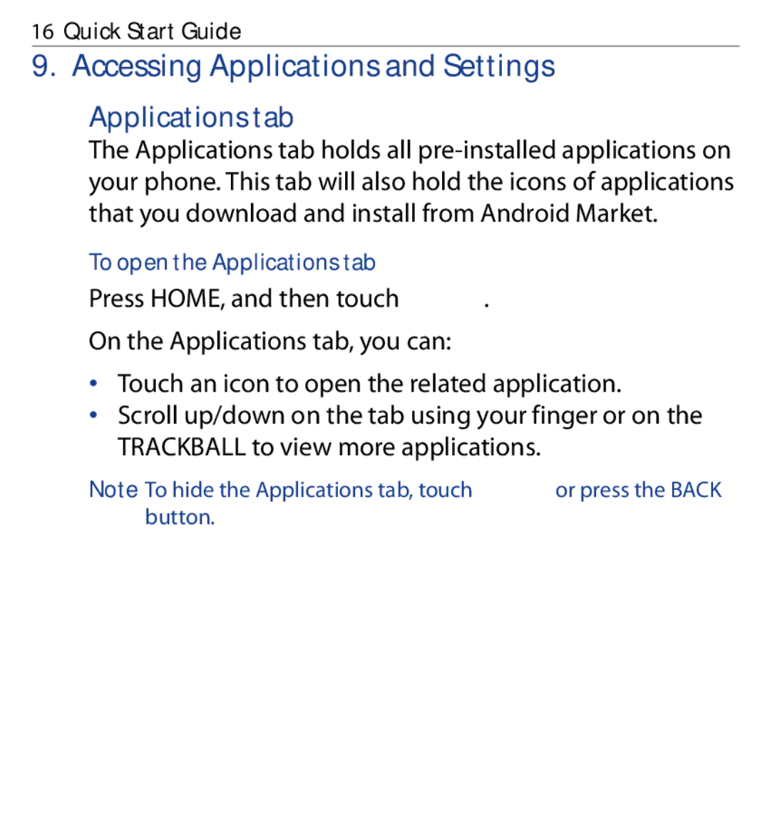 HTC SAPP100 quick start Accessing Applications and Settings, To open the Applications tab 