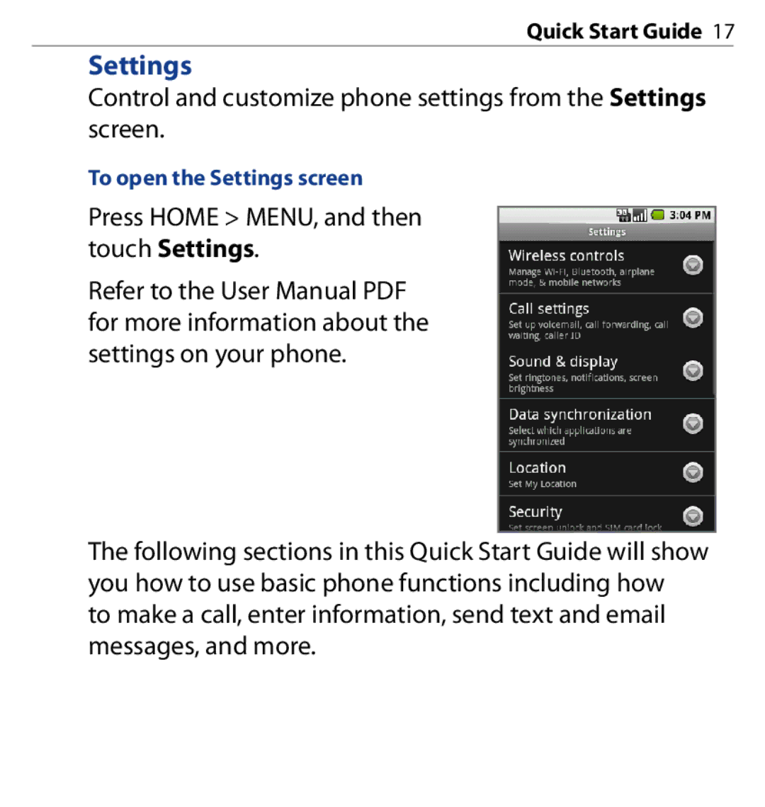 HTC SAPP100 quick start To open the Settings screen 