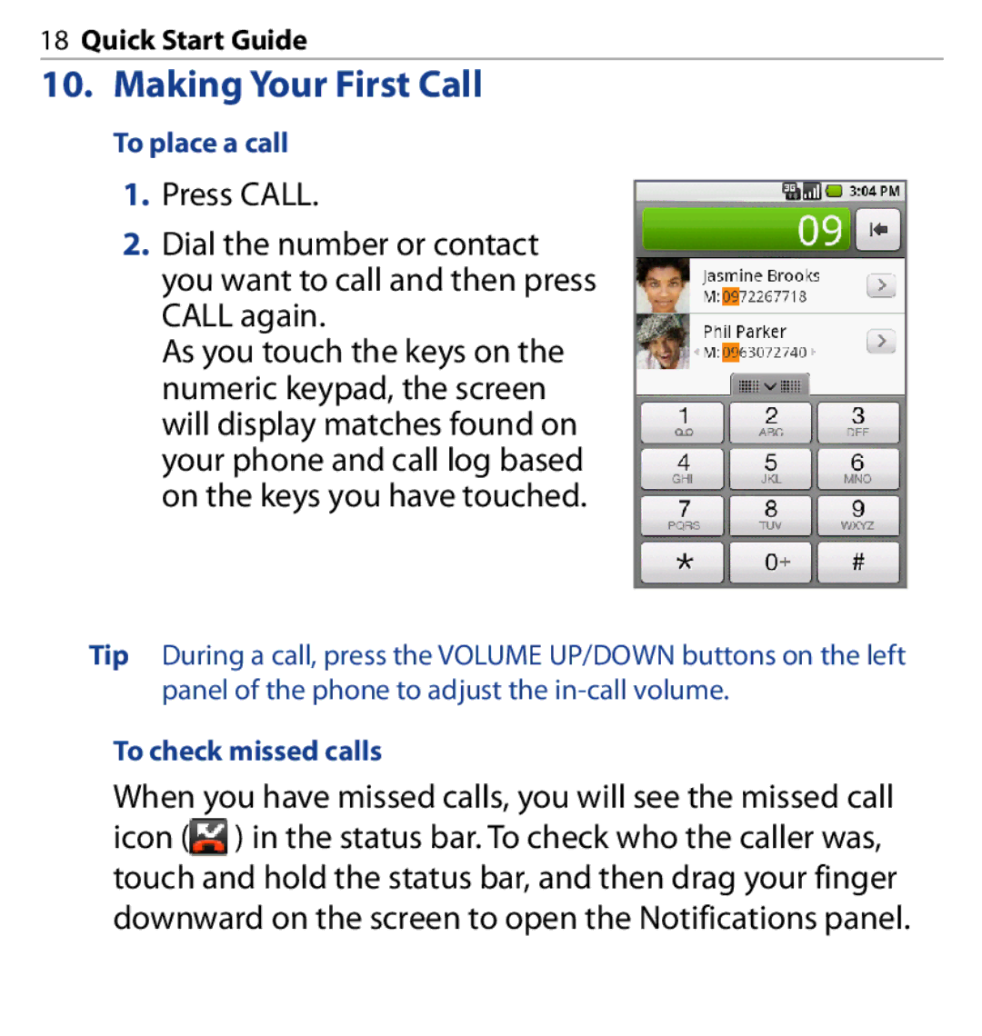 HTC SAPP100 quick start Making Your First Call, To place a call, To check missed calls 