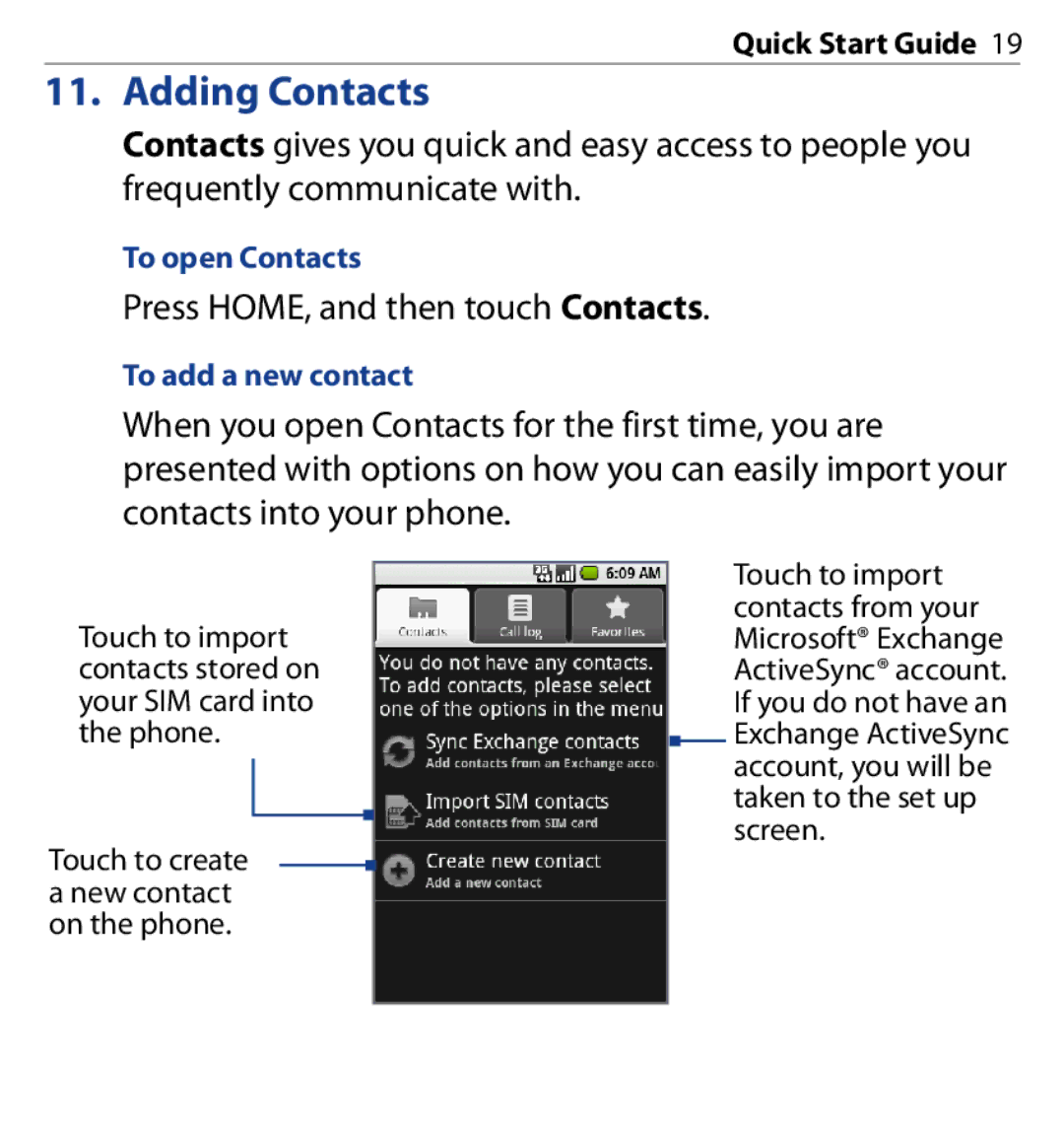 HTC SAPP100 quick start Adding Contacts, To open Contacts, To add a new contact 