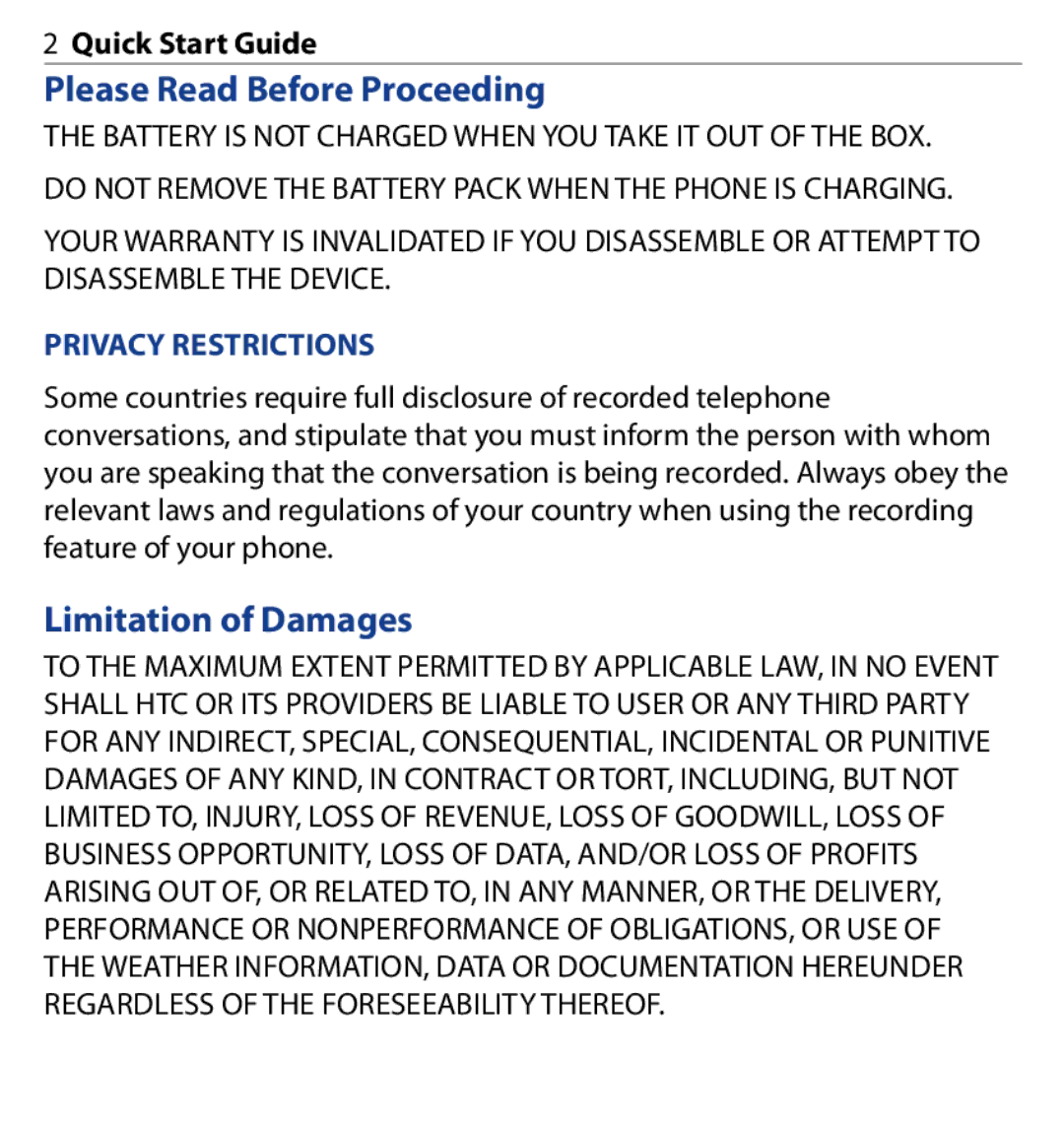 HTC SAPP100 quick start Please Read Before Proceeding, Limitation of Damages, Privacy Restrictions 