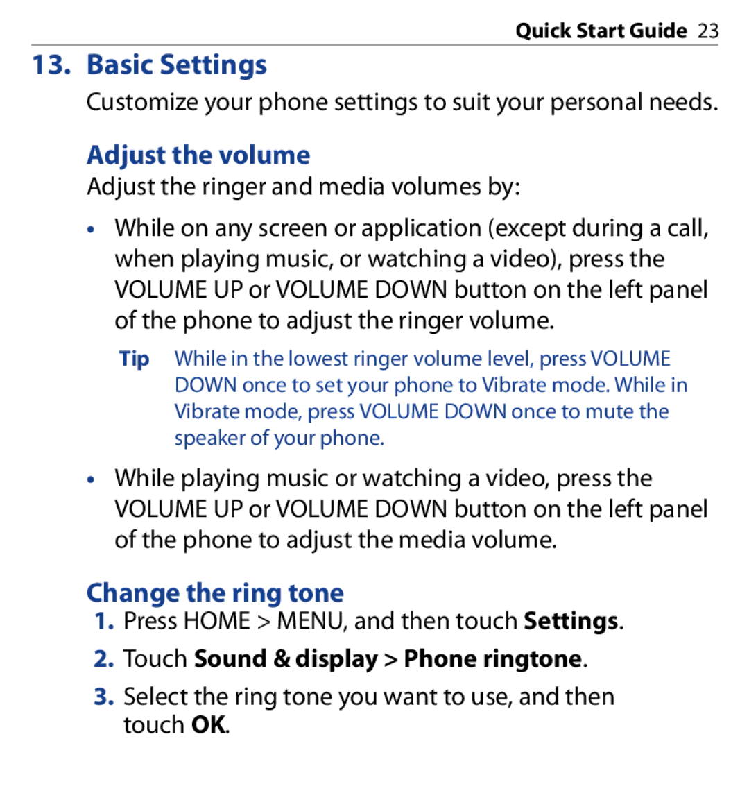 HTC SAPP100 quick start Basic Settings, Adjust the volume, Change the ring tone 