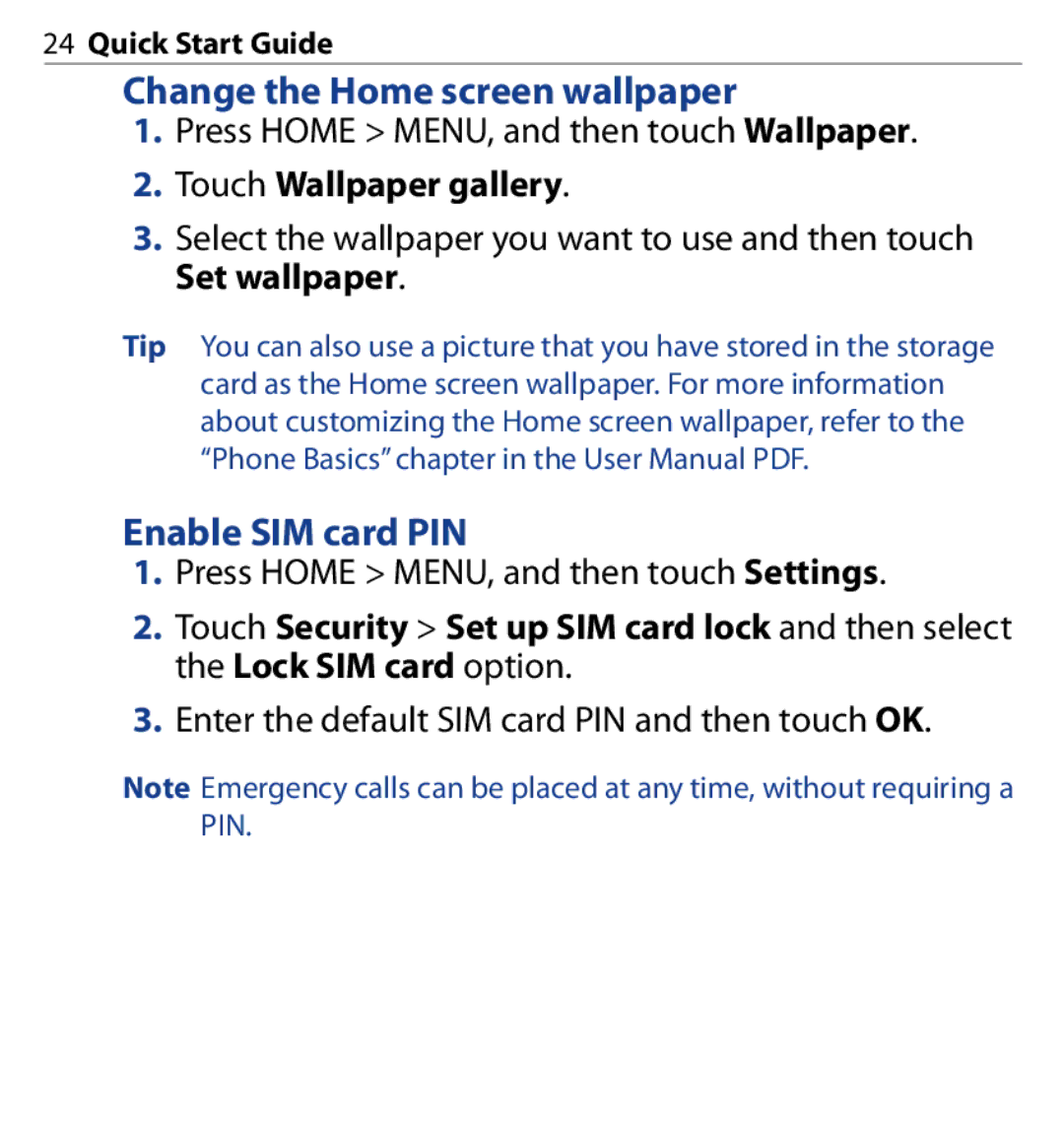 HTC SAPP100 quick start Change the Home screen wallpaper, Enable SIM card PIN 