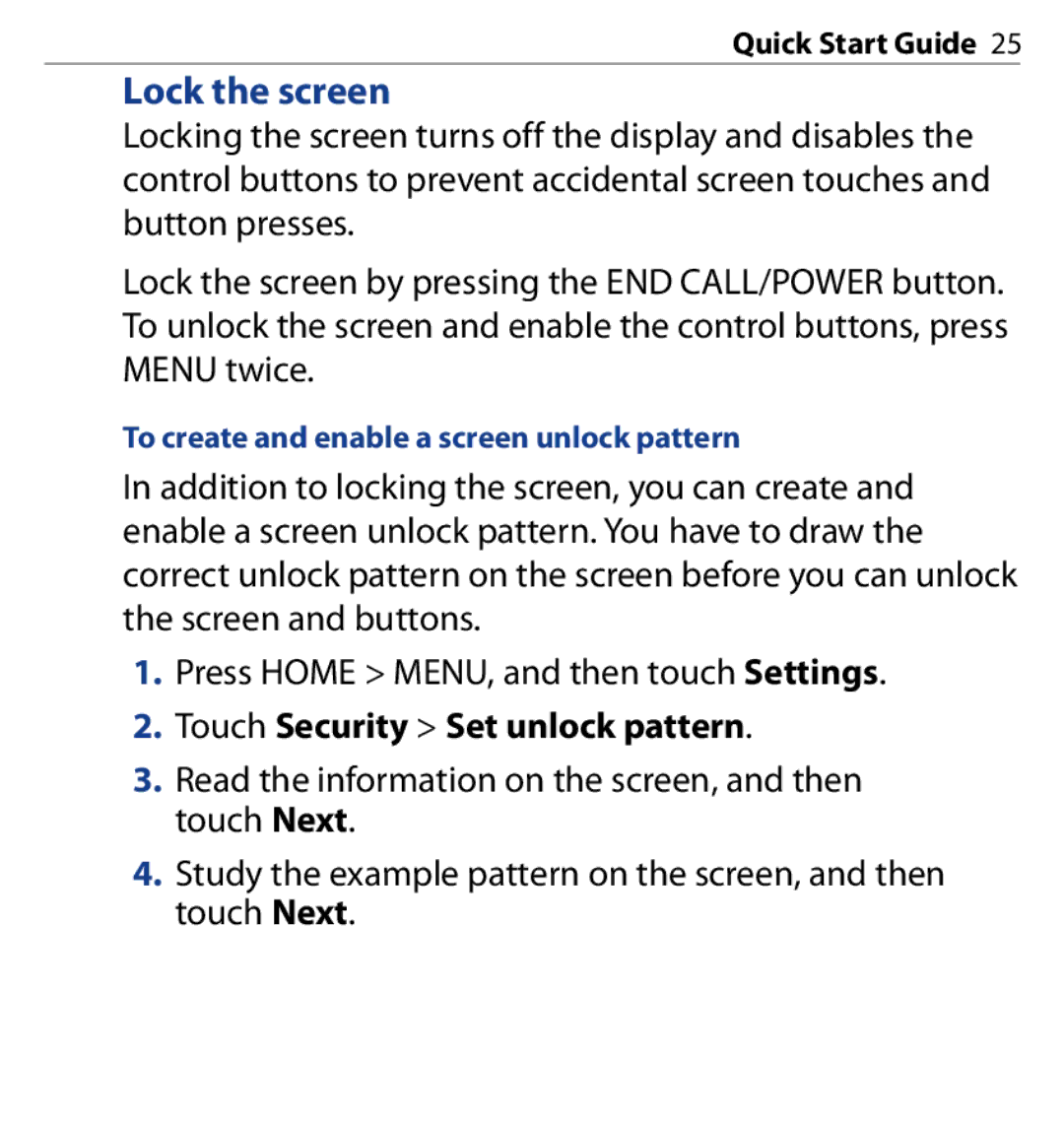 HTC SAPP100 quick start Lock the screen, To create and enable a screen unlock pattern 