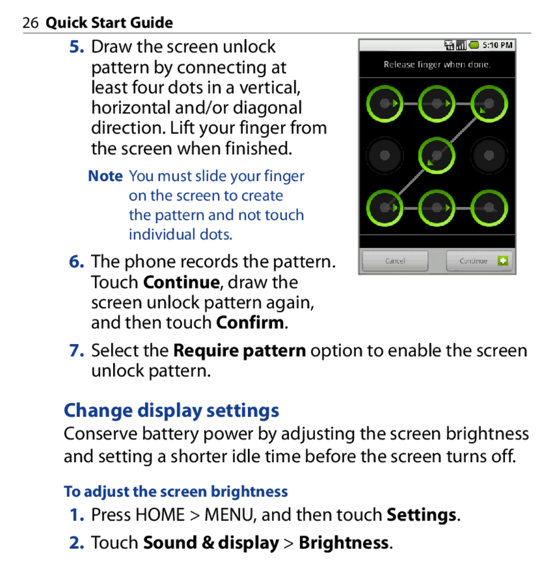 HTC SAPP100 quick start Change display settings, To adjust the screen brightness 