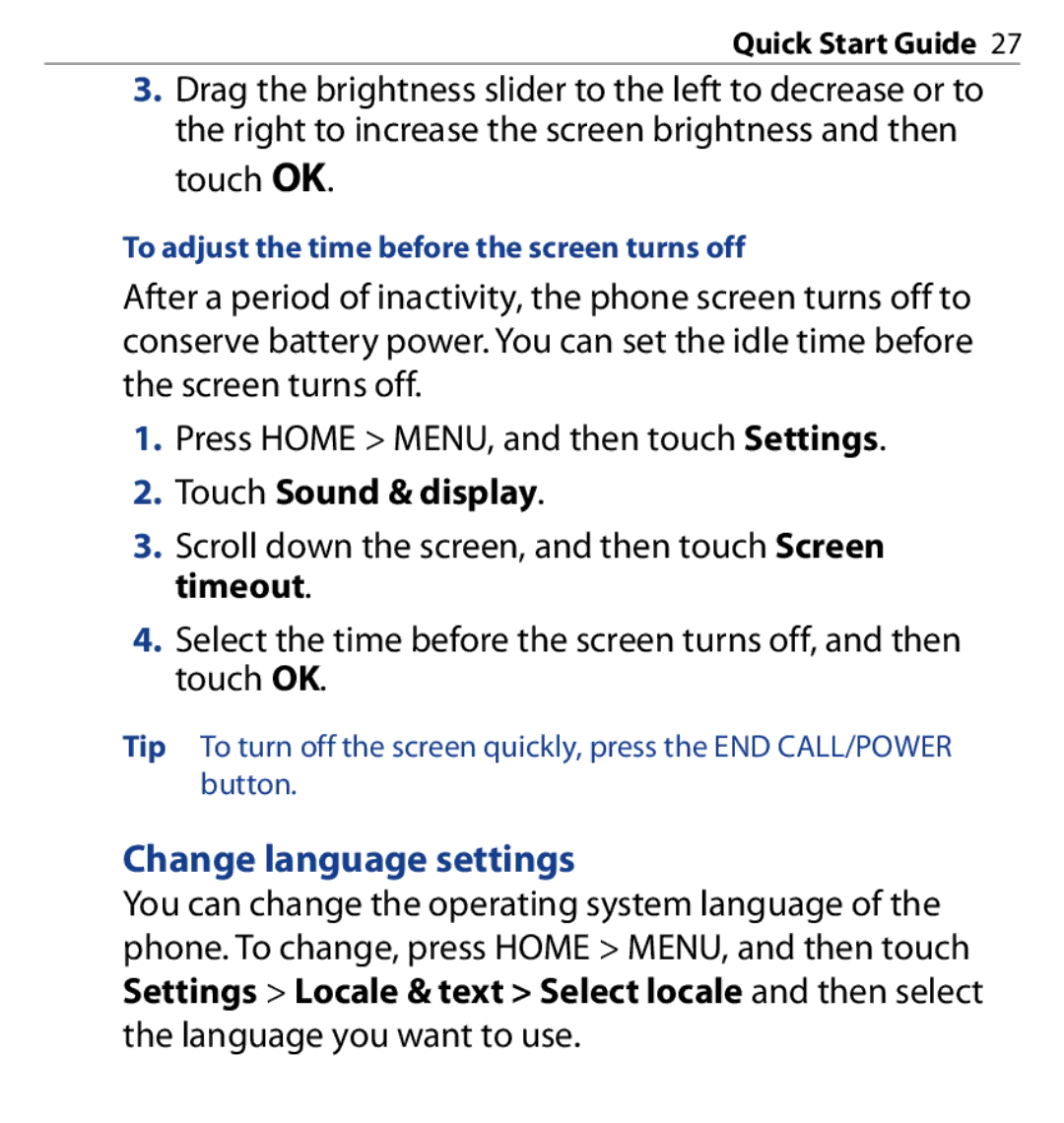 HTC SAPP100 quick start Change language settings, To adjust the time before the screen turns off 