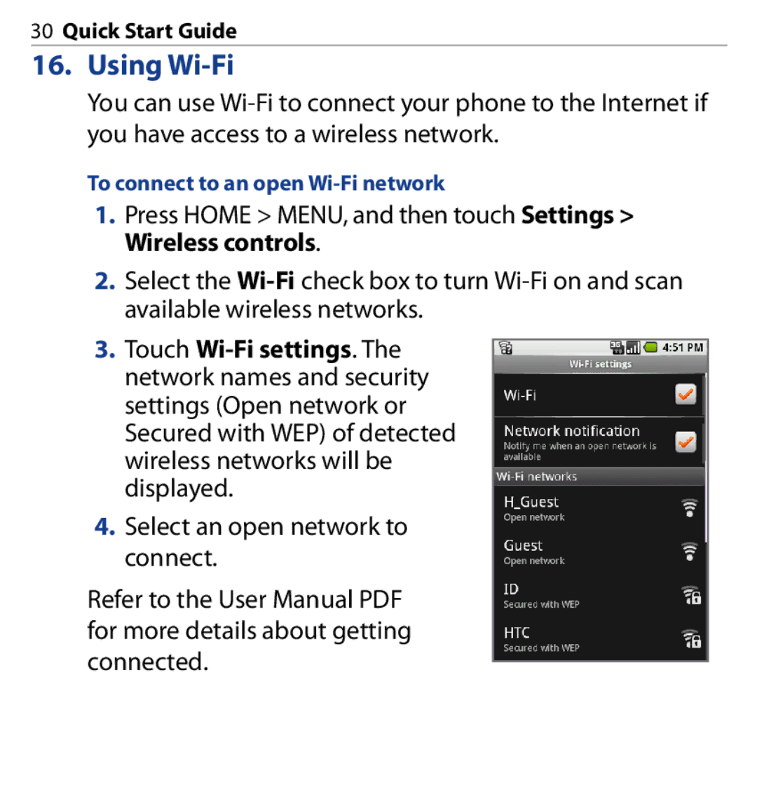 HTC SAPP100 quick start Using Wi-Fi, To connect to an open Wi-Fi network 