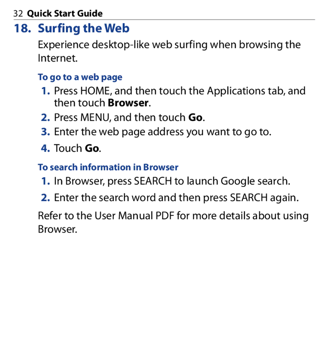 HTC SAPP100 quick start Surfing the Web, To go to a web, To search information in Browser 