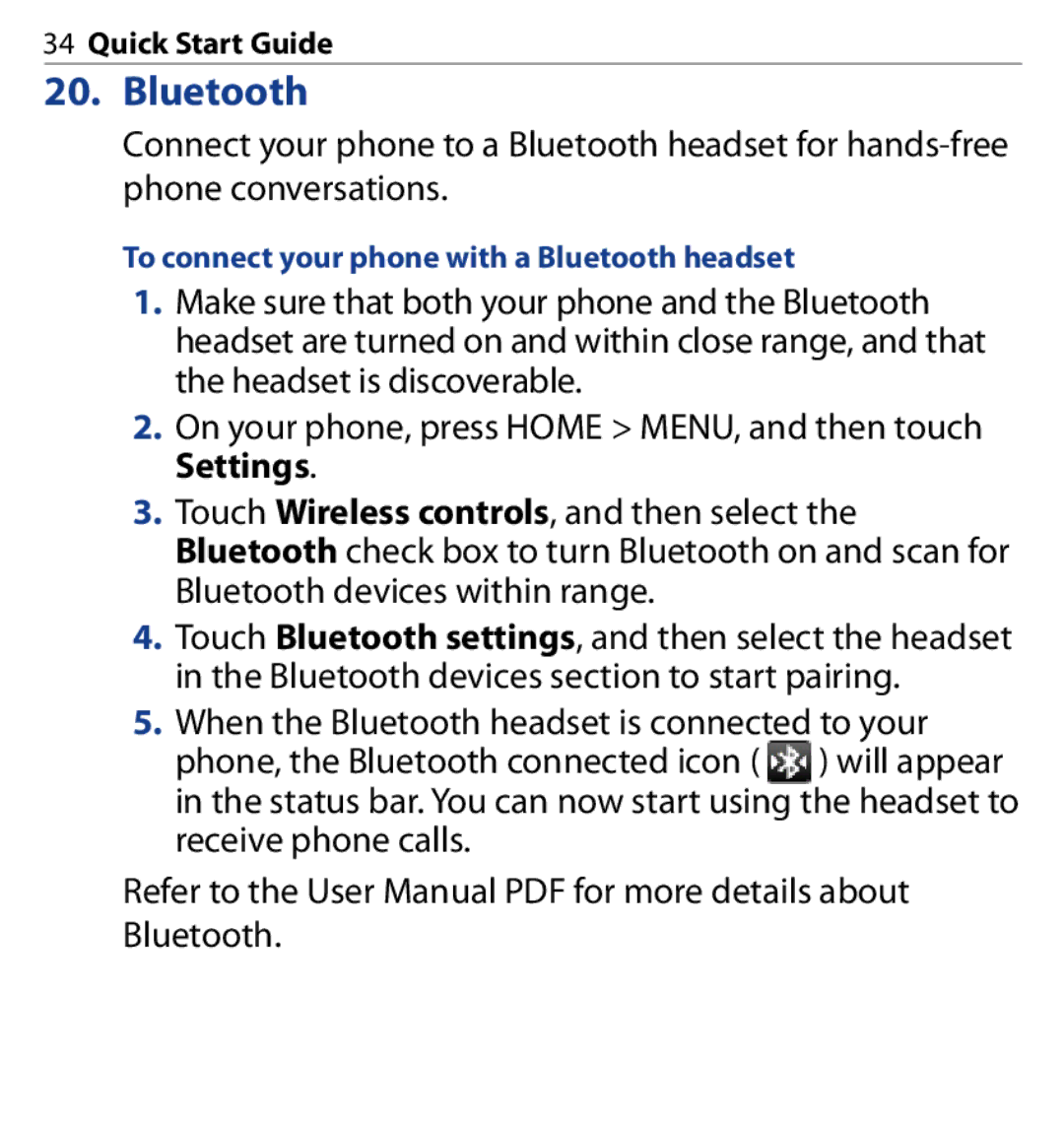 HTC SAPP100 quick start To connect your phone with a Bluetooth headset 