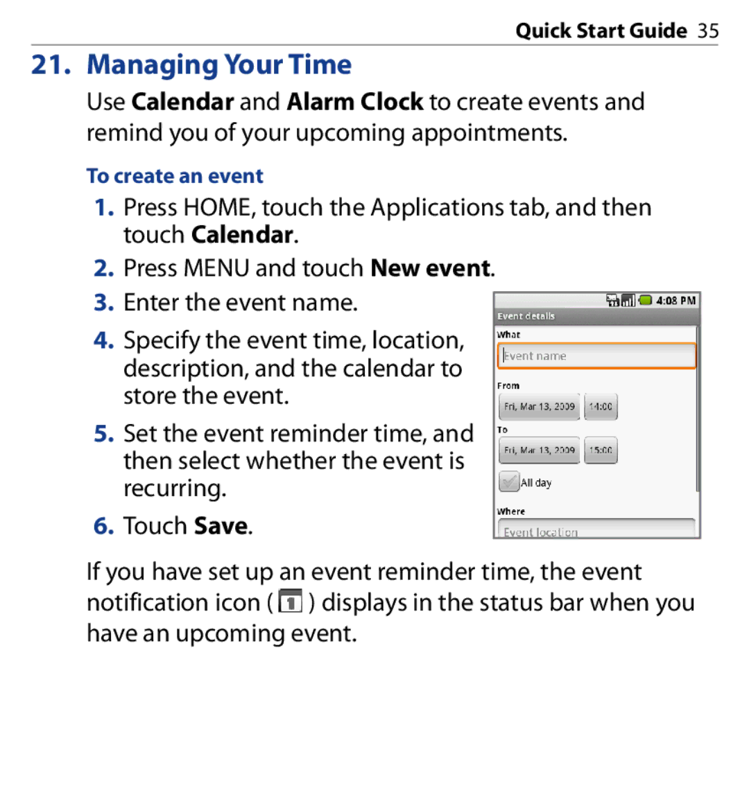 HTC SAPP100 quick start Managing Your Time, To create an event 