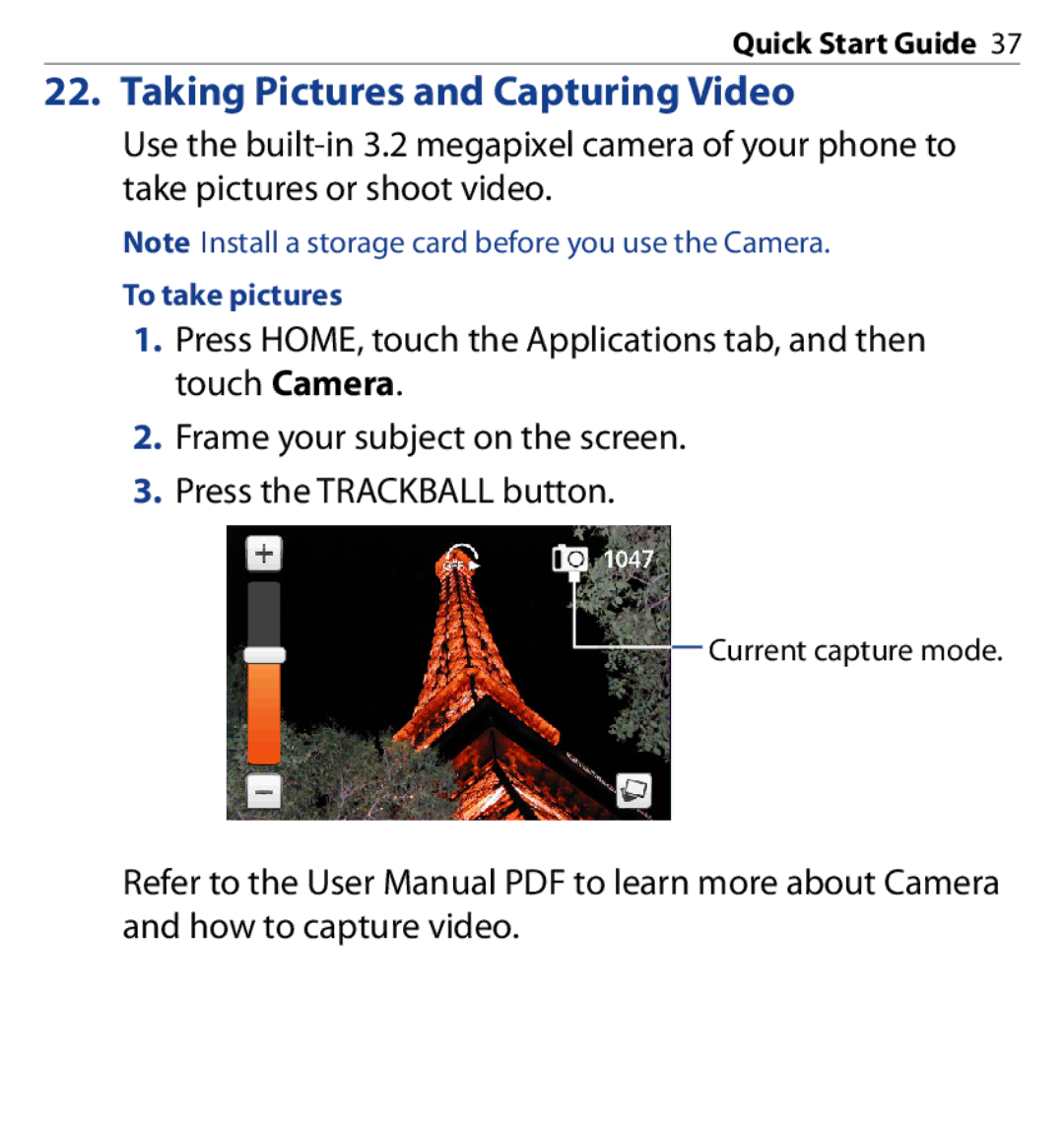 HTC SAPP100 quick start Taking Pictures and Capturing Video, To take pictures 