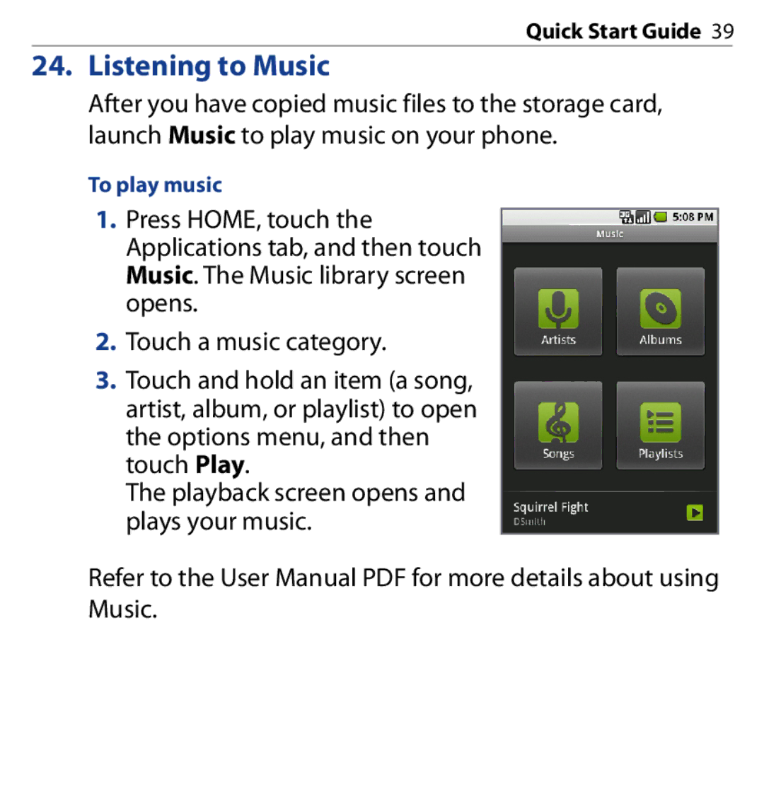 HTC SAPP100 quick start Listening to Music, To play music 