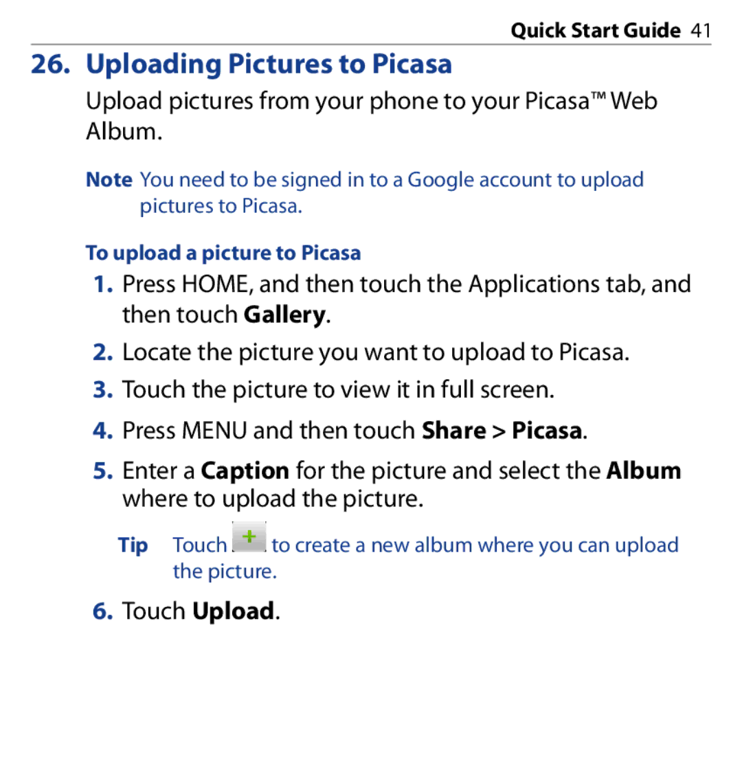 HTC SAPP100 quick start Uploading Pictures to Picasa, To upload a picture to Picasa 